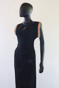 Vintage 1930s Black Crepe Pin Tuck Gown
