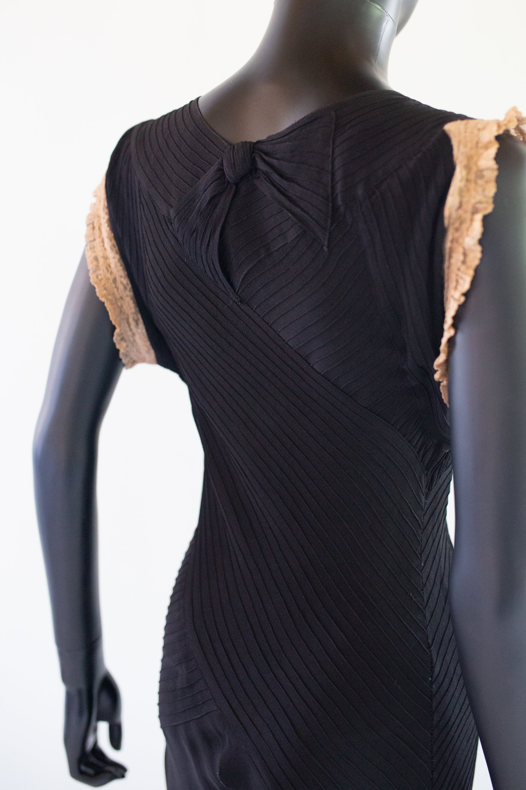Vintage 1930s Black Crepe Pin Tuck Gown