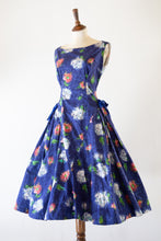 Vintage 1950s Blue Floral Cotton Dress