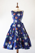Vintage 1950s Blue Floral Cotton Dress