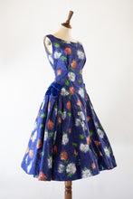 Vintage 1950s Blue Floral Cotton Dress