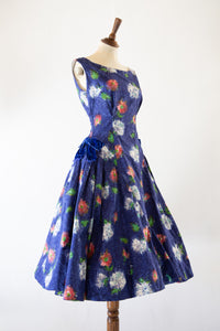Vintage 1950s Blue Floral Cotton Dress