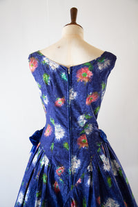 Vintage 1950s Blue Floral Cotton Dress