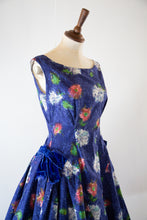 Vintage 1950s Blue Floral Cotton Dress