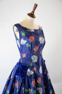 Vintage 1950s Blue Floral Cotton Dress