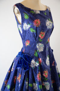 Vintage 1950s Blue Floral Cotton Dress