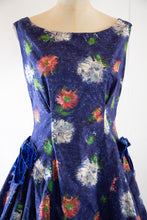 Vintage 1950s Blue Floral Cotton Dress