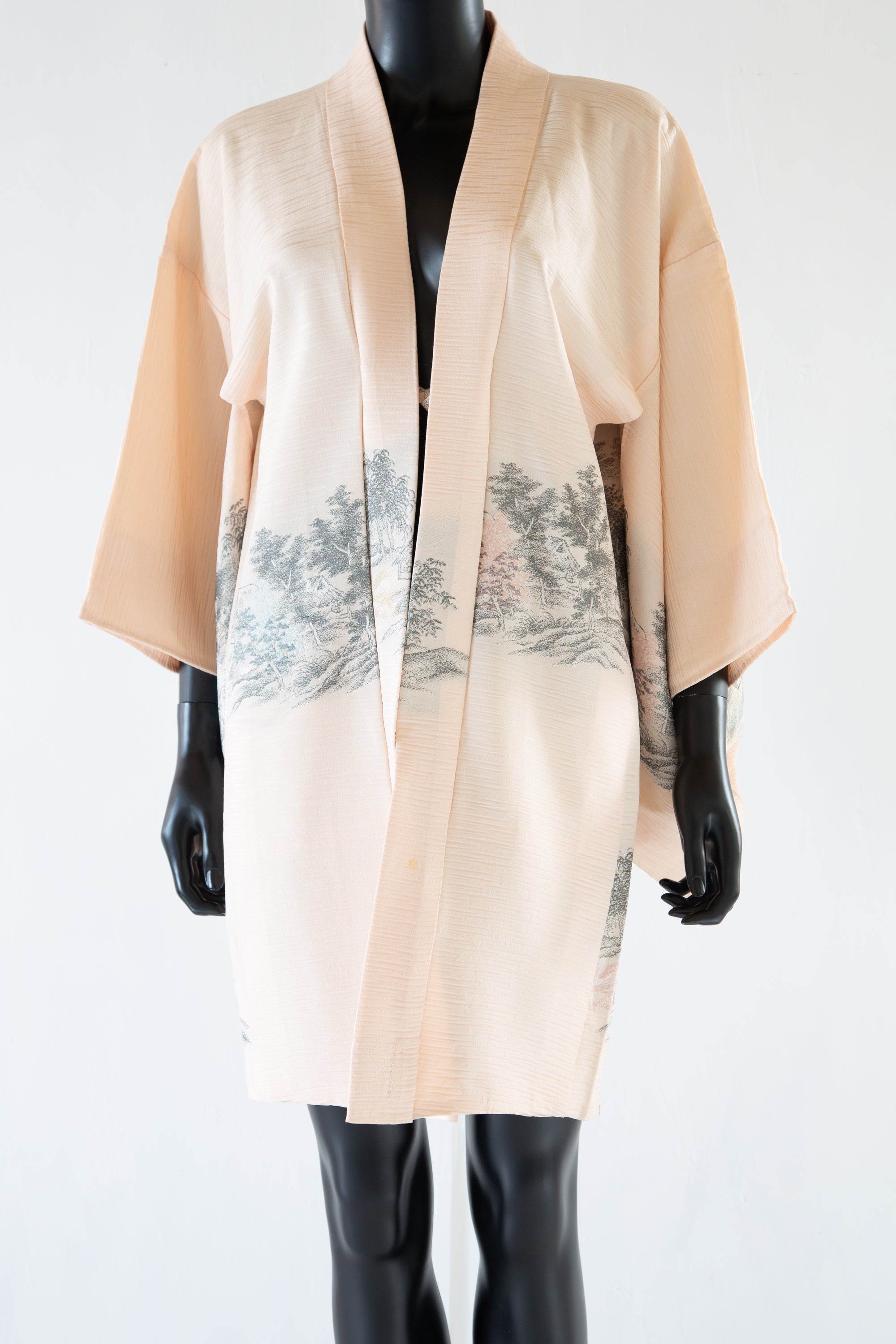 Vintage 1960s Blush Cream Silk Landscape Haori Jacket