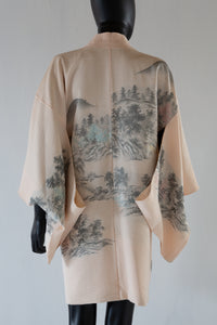 Vintage 1960s Blush Cream Silk Landscape Haori Jacket
