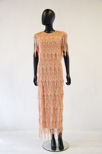 Vintage 1980s Peach Guipure Lace Tiered Maxi Dress
