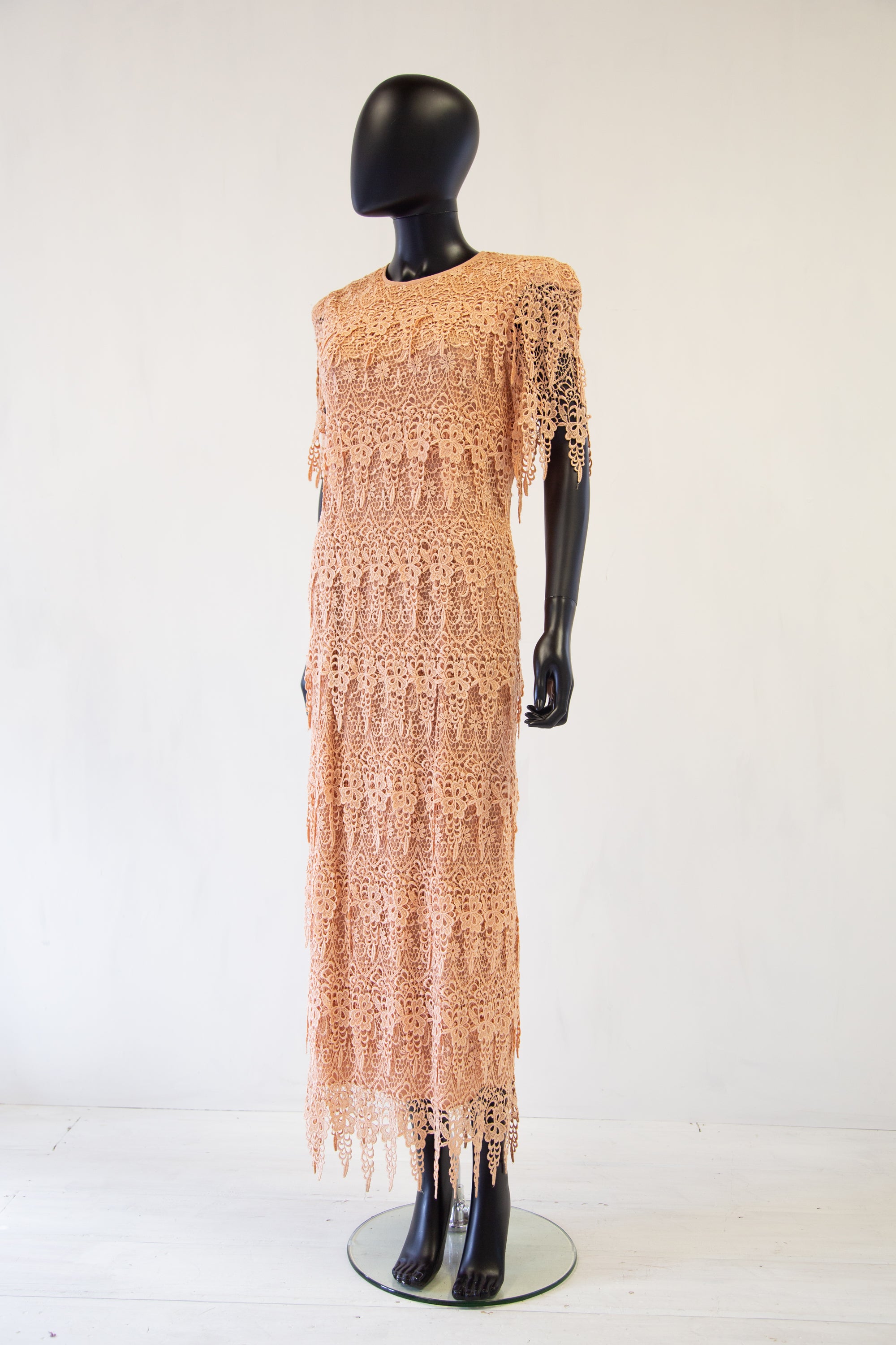 Vintage 1980s Peach Guipure Lace Tiered Maxi Dress