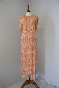 Vintage 1980s Peach Guipure Lace Tiered Maxi Dress