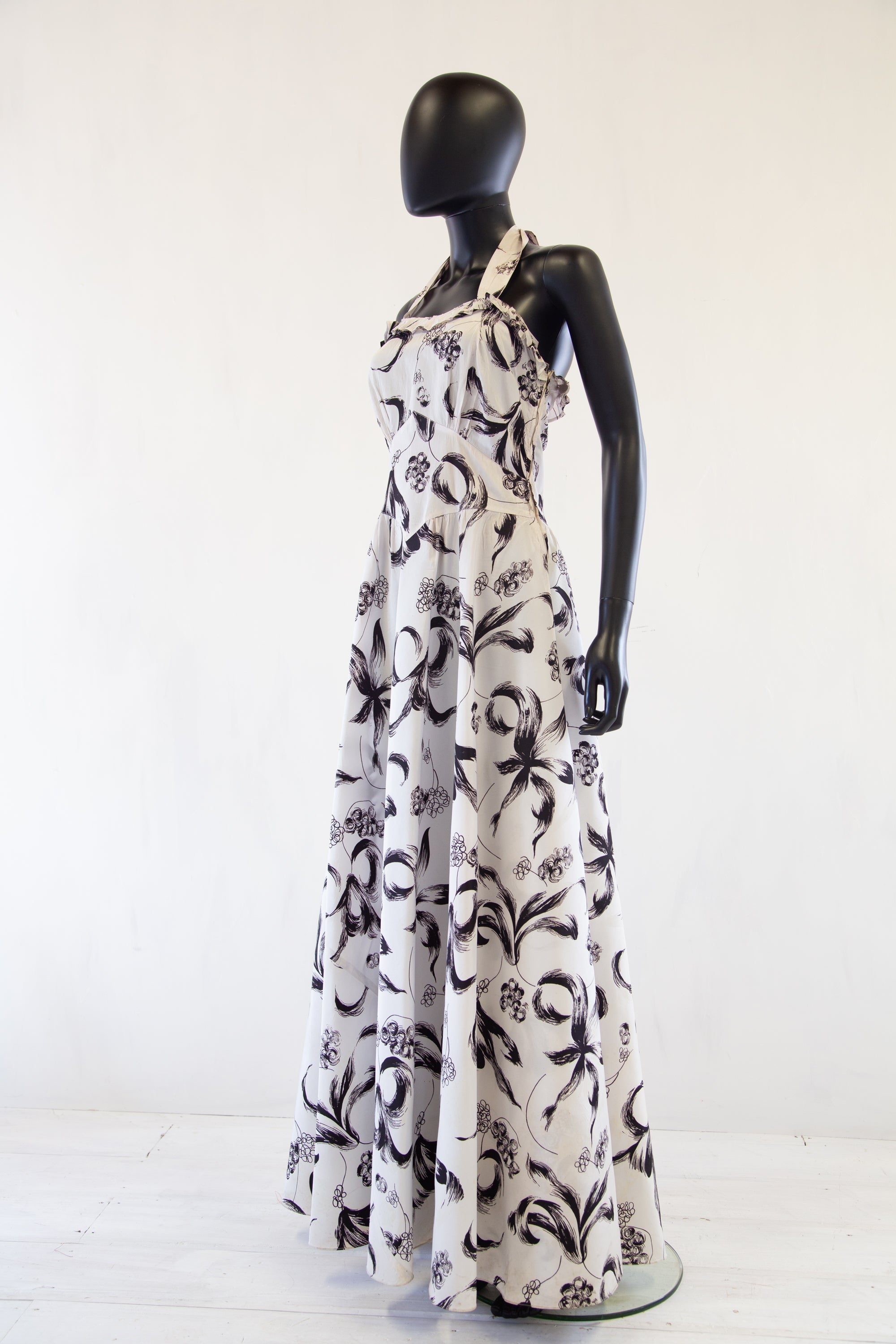 Vintage 1940s Monochrome Print Maxi Dress