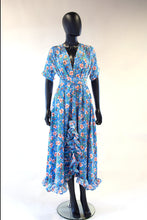 blue floral ruffle summer maxi dress by Alexandra King British designer