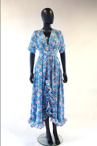 blue floral ruffle summer maxi dress by Alexandra King British designer
