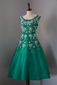 Vintage 1950s Green Beaded Cocktail Dress