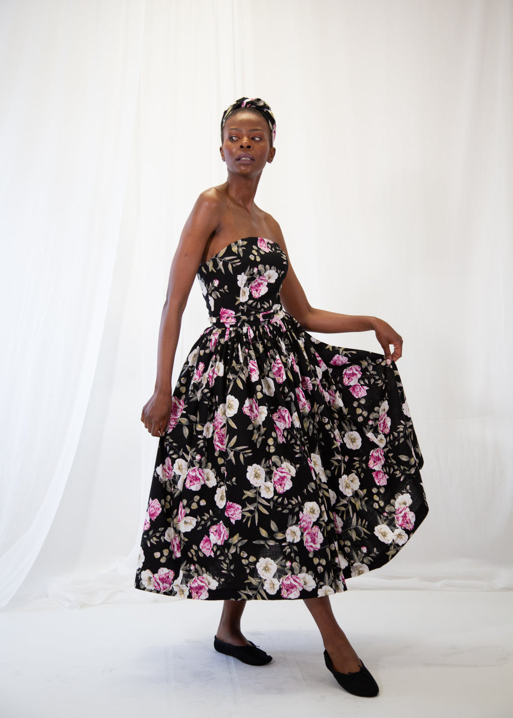 Aziza Rose Print Linen Bandeau Dress