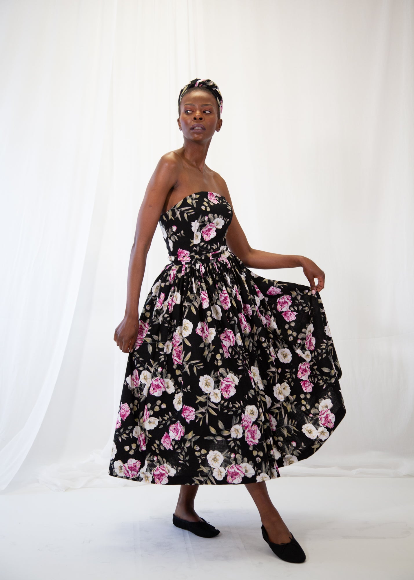 Aziza Rose Print Linen Bandeau Dress