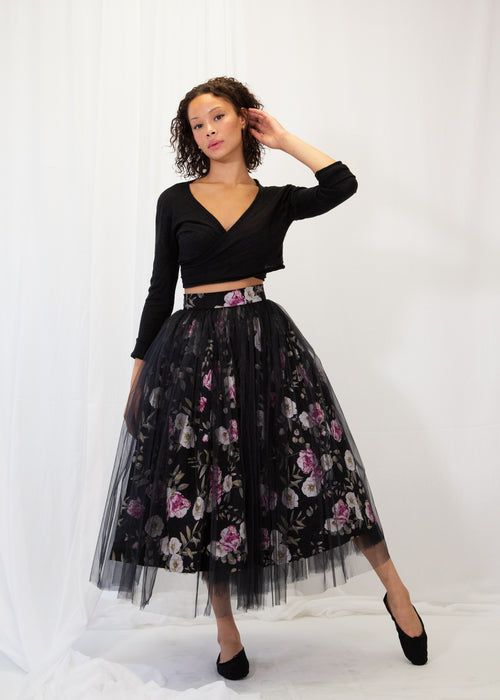 Black Floral Print Linen and Tulle Midi Skirt