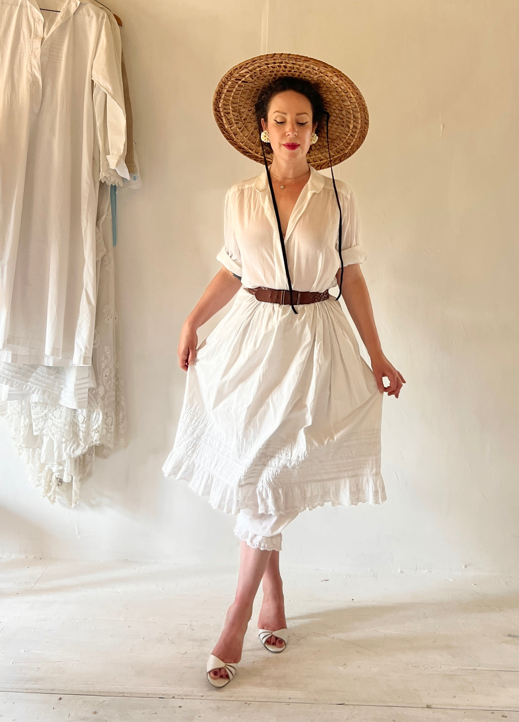 Antique White Cotton Embroidered Lace Skirt