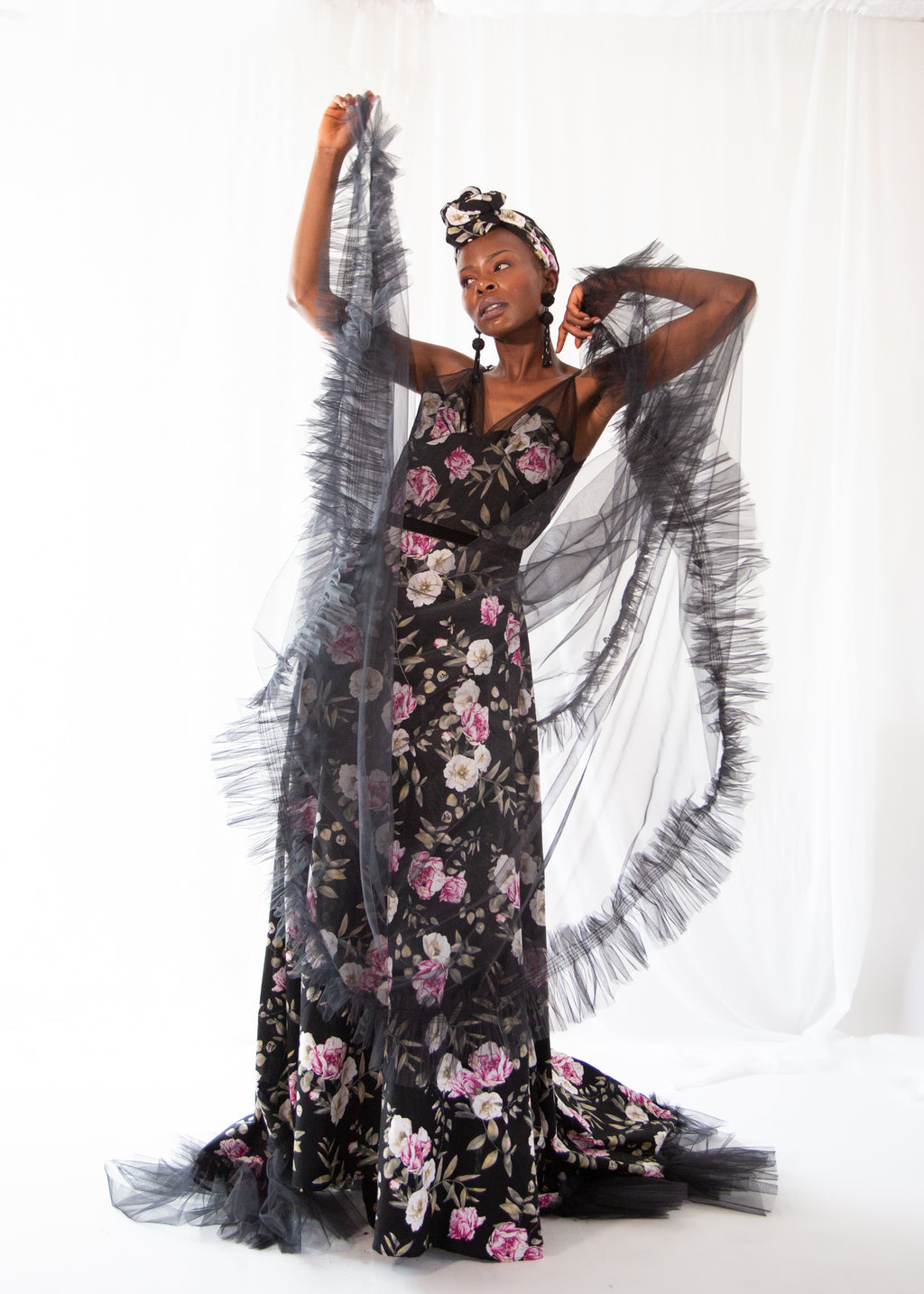Titania Rose - Black Linen Tulle Gown