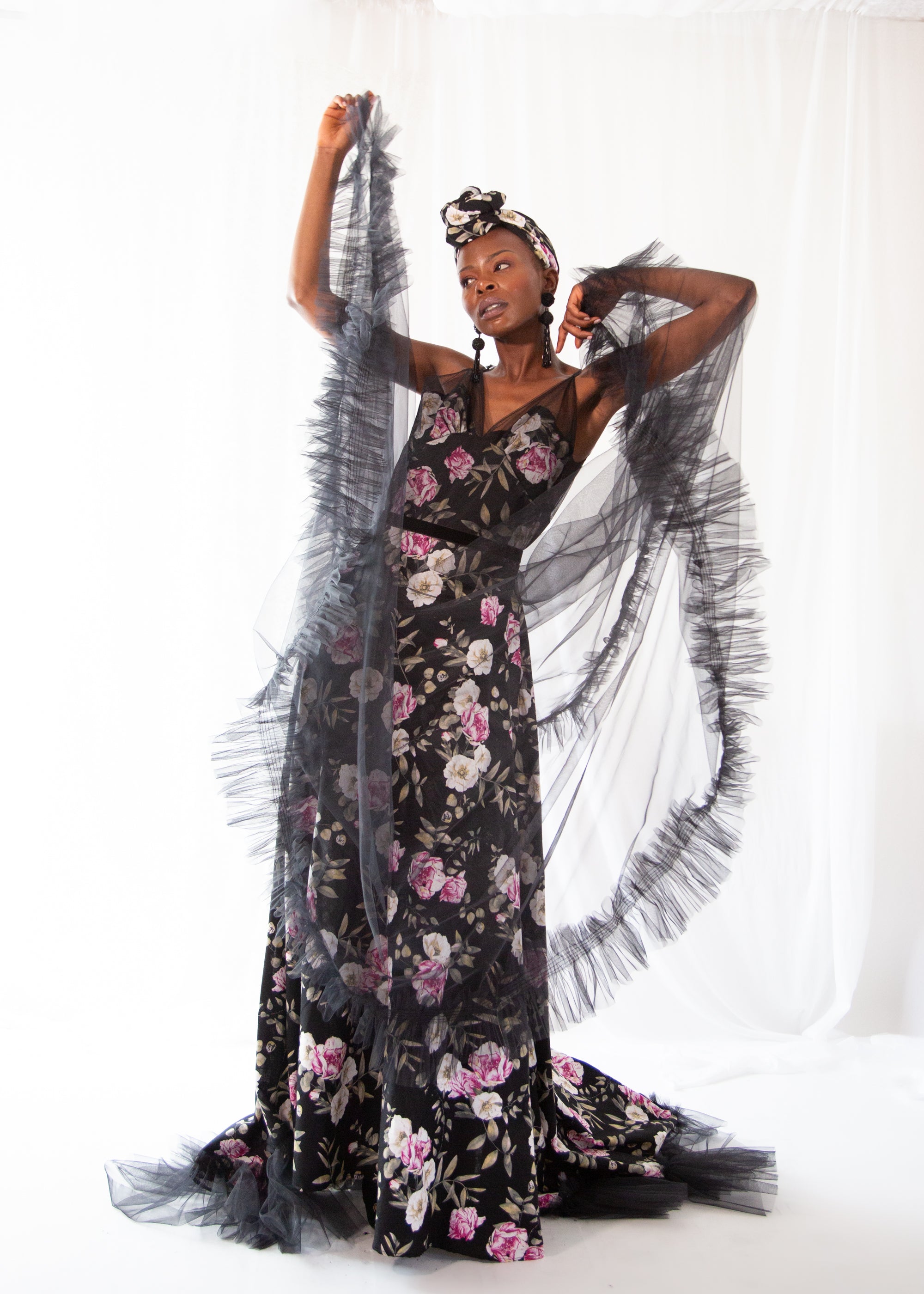 Titania Rose - Black Linen Tulle Gown