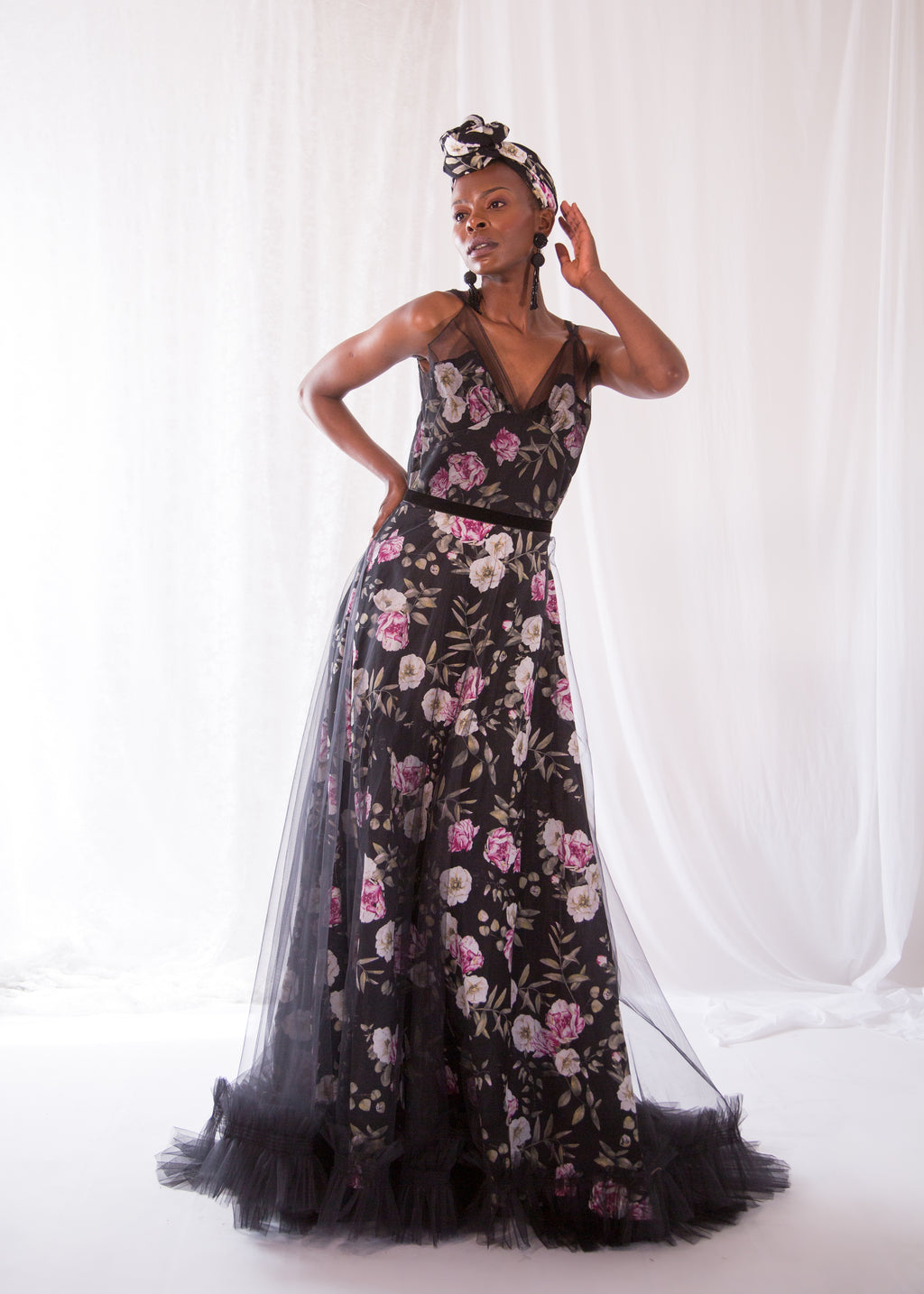 Titania Rose - Black Linen Tulle Gown