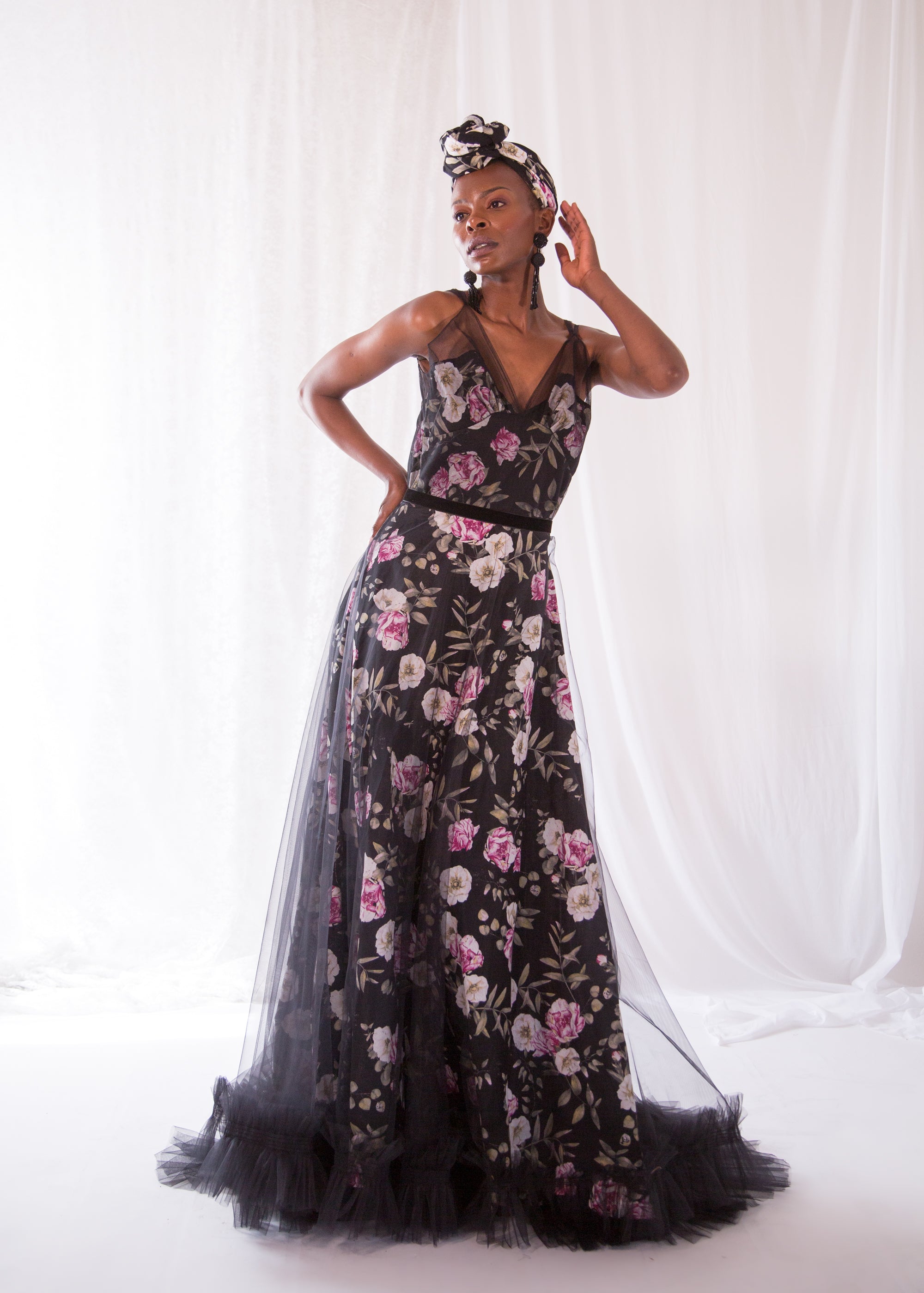 Titania Rose - Black Linen Tulle Gown