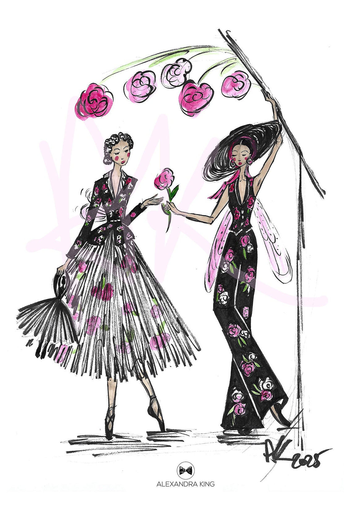Illustration of two women in stylish outfits with floral accessories, holding flowers against a white background.