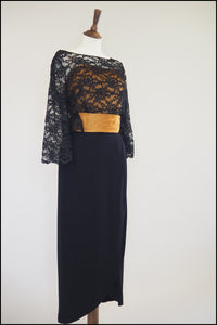 Vintage 1980s Black Gold Crepe Maxi Dress