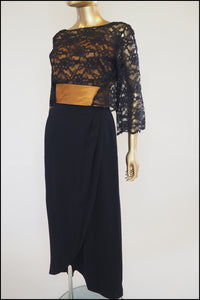 Vintage 1980s Black Gold Crepe Maxi Dress
