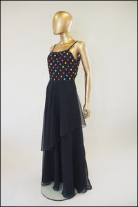 Vintage 1970s Black Dot Chiffon Maxi Dress