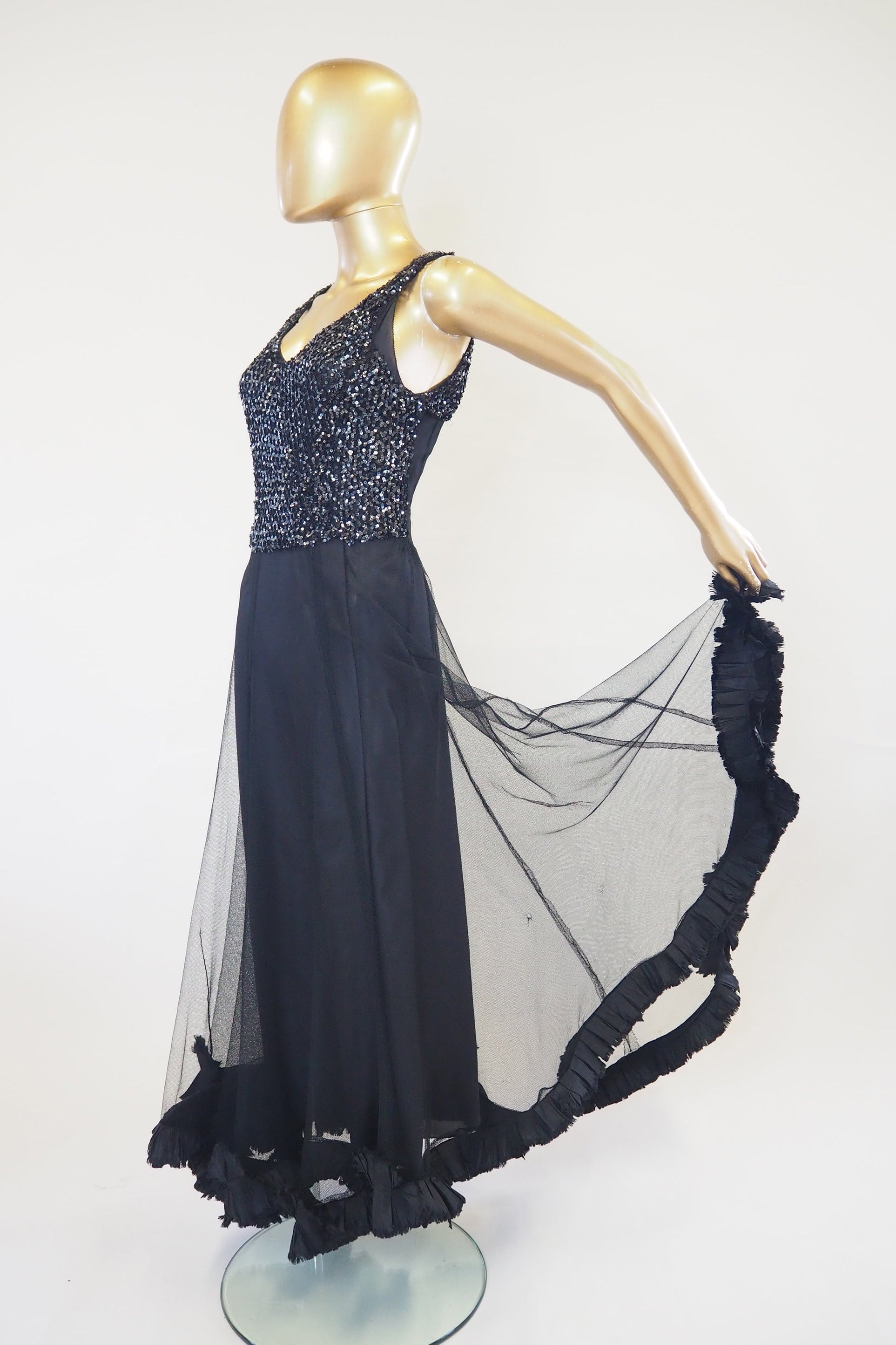 Vintage 1930s Black Sequin Tulle Dress