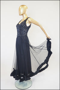 Vintage 1930s Black Sequin Tulle Dress