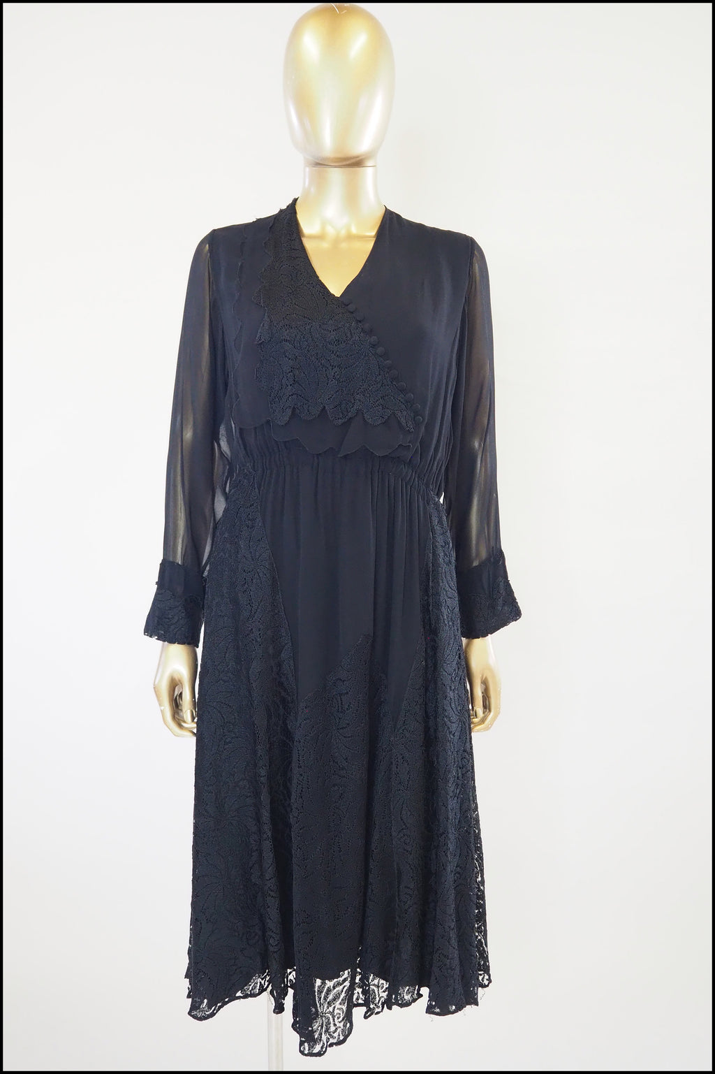 Vintage 1930s Black Chiffon Lace Dress