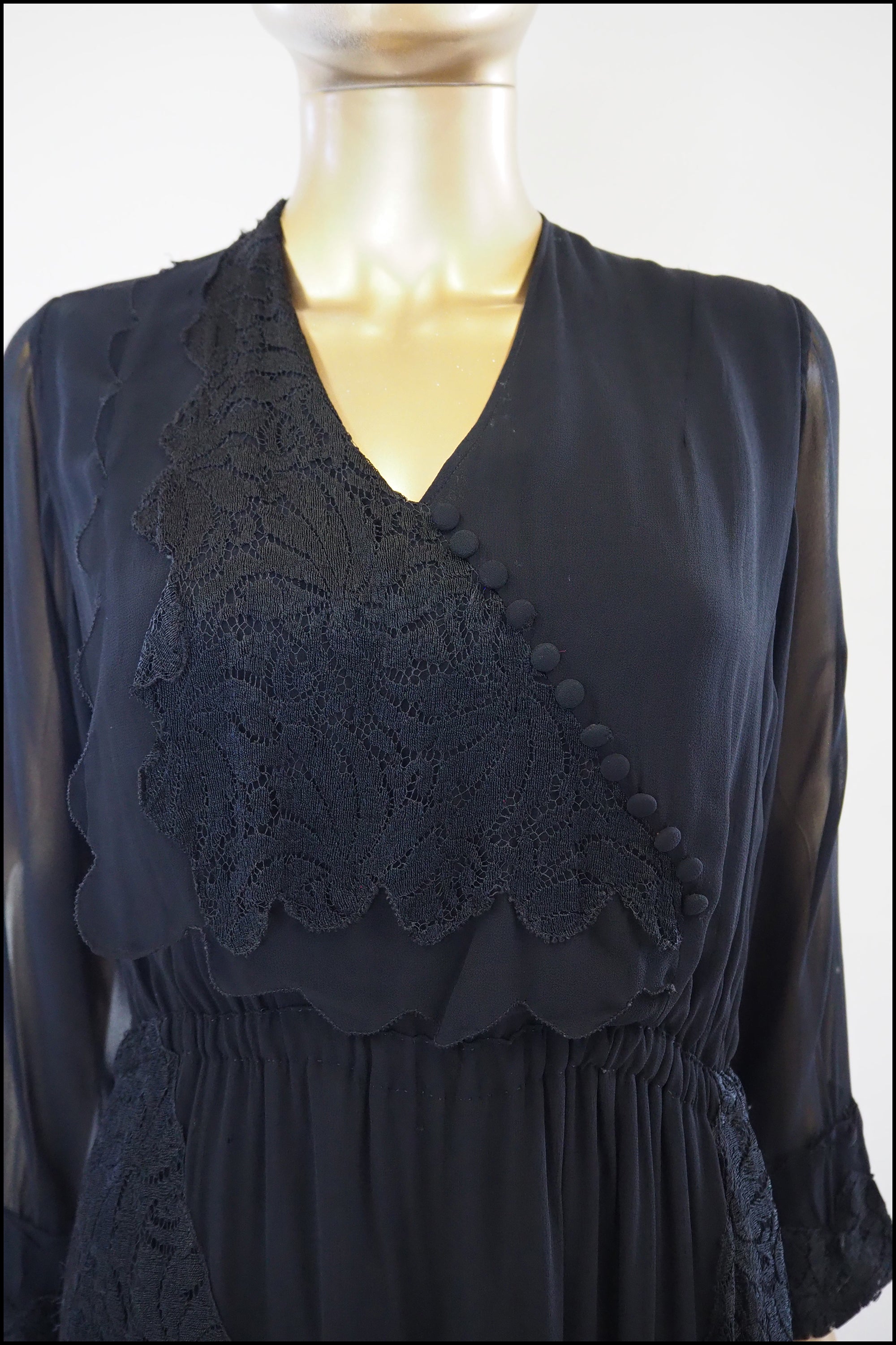 Vintage 1930s Black Chiffon Lace Dress