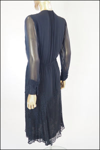 Vintage 1930s Black Chiffon Lace Dress