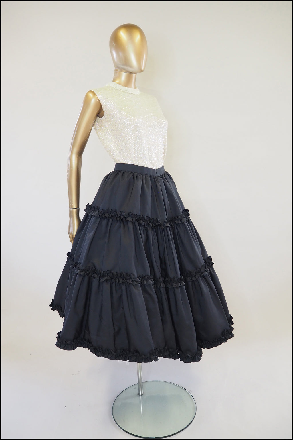 Vintage 1980s Black Ruffle Midi Skirt