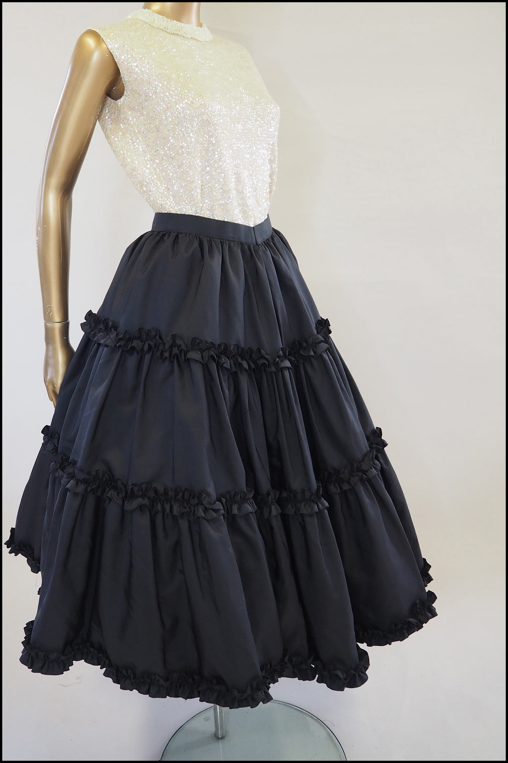 Vintage 1980s Black Ruffle Midi Skirt