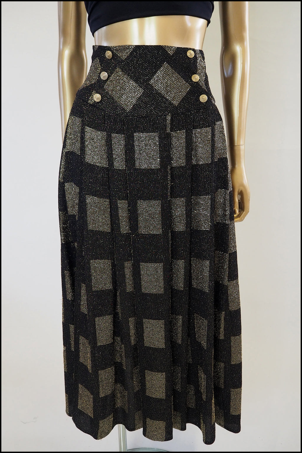 Vintage 1980s Black Gold Metallic Midi Skirt