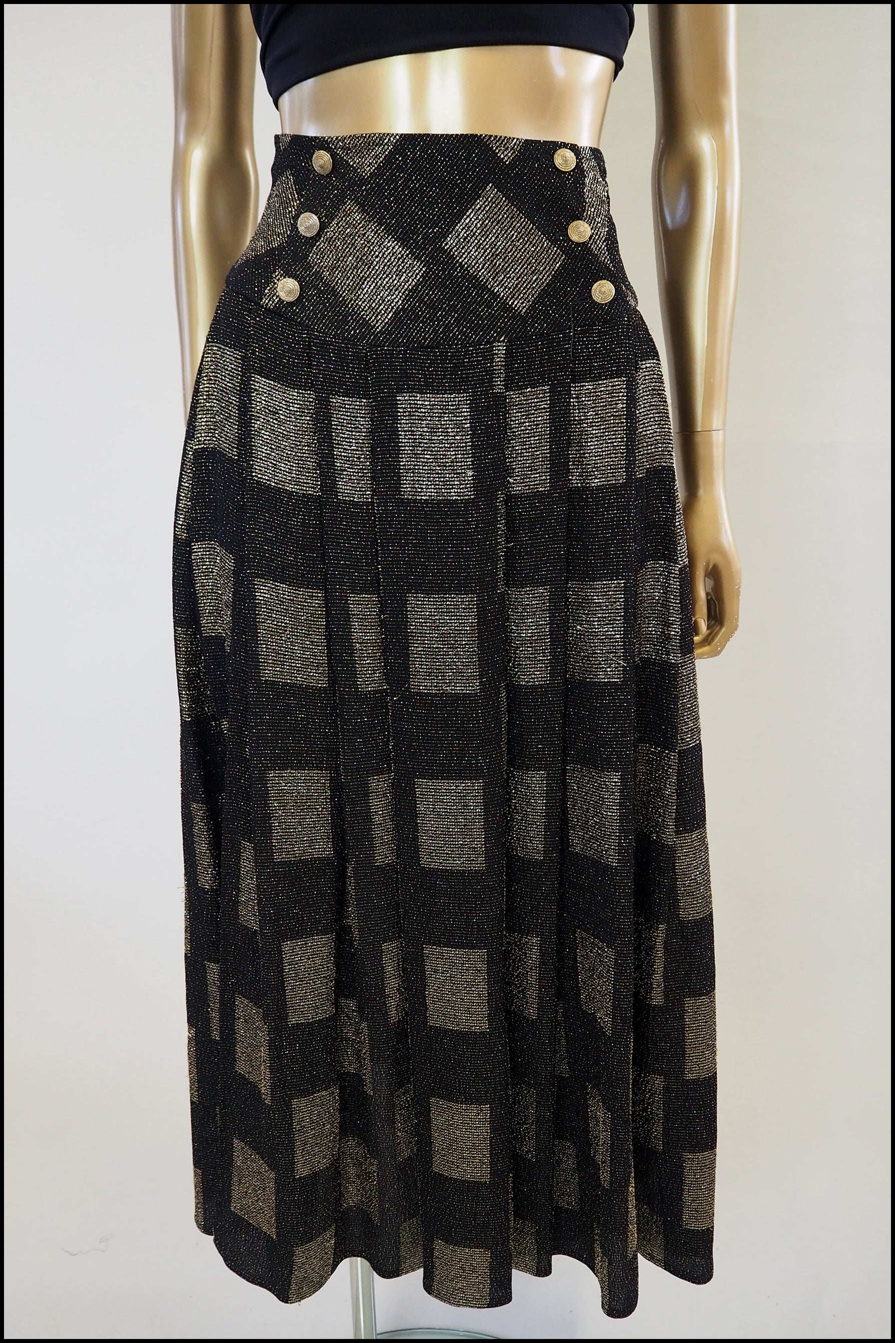 Vintage 1980s Black Gold Metallic Midi Skirt