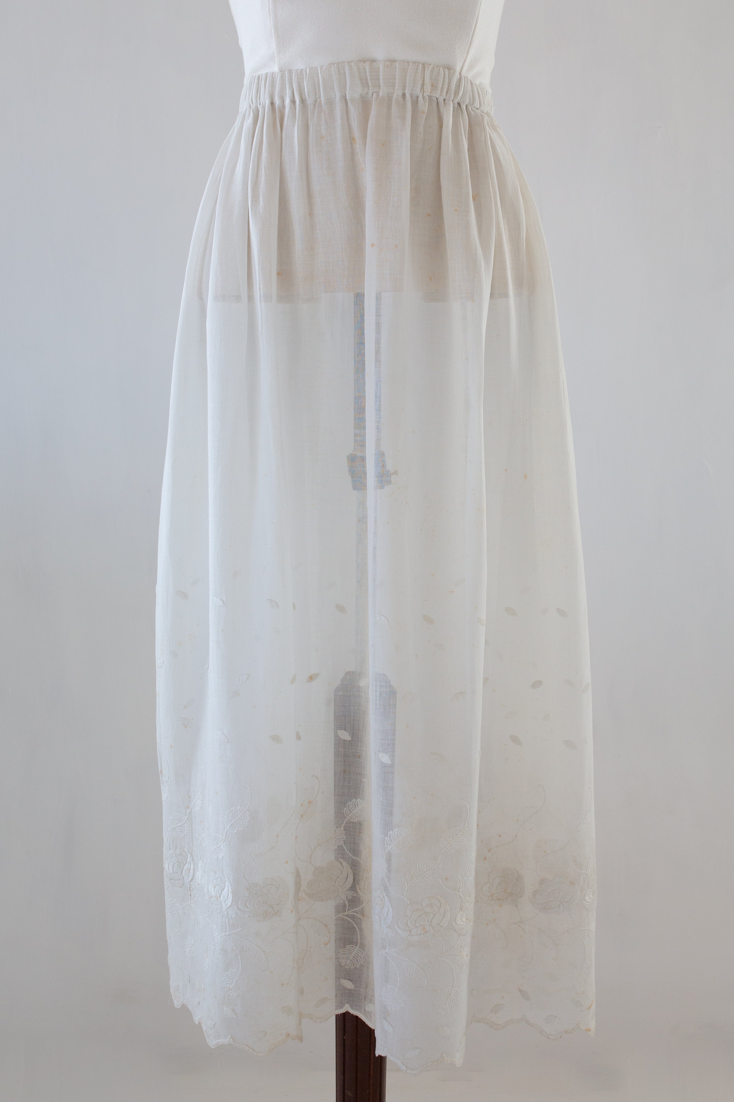 Antique Off White Embroidered Cotton Voile Midi Skirt