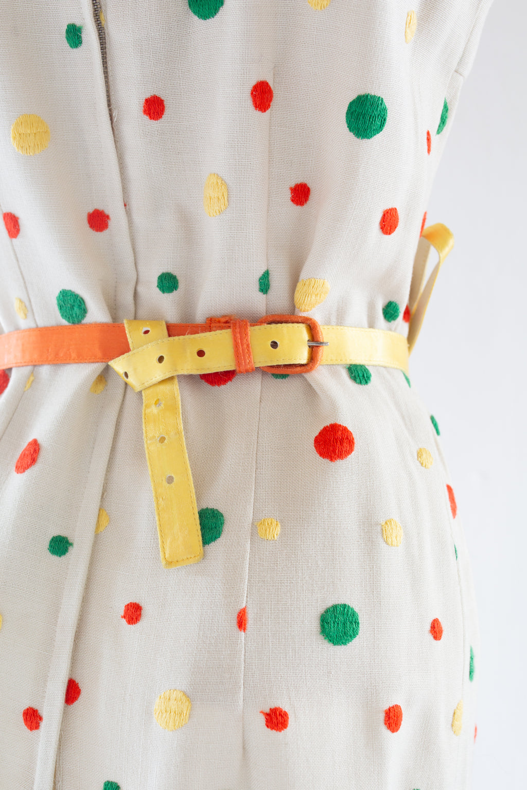 Vintage 1950s Orange Cream Dot Linen Dress