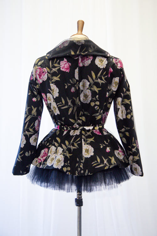 Black Floral Print Linen Tulle Tailored Jacket