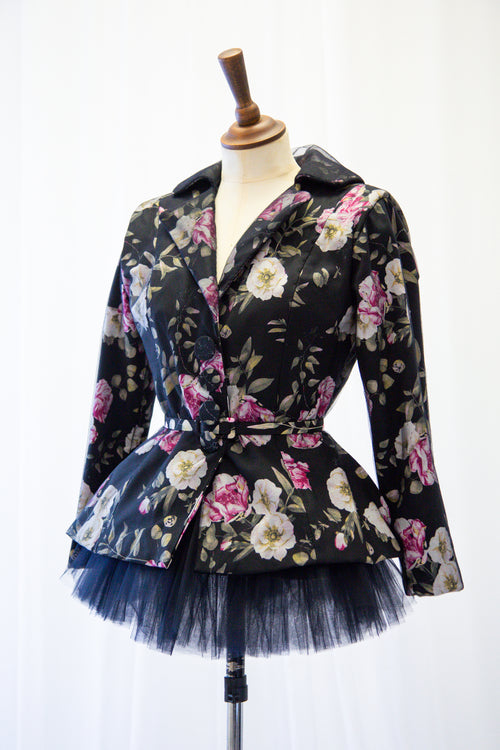 Black floral tailored women's linen jacket 