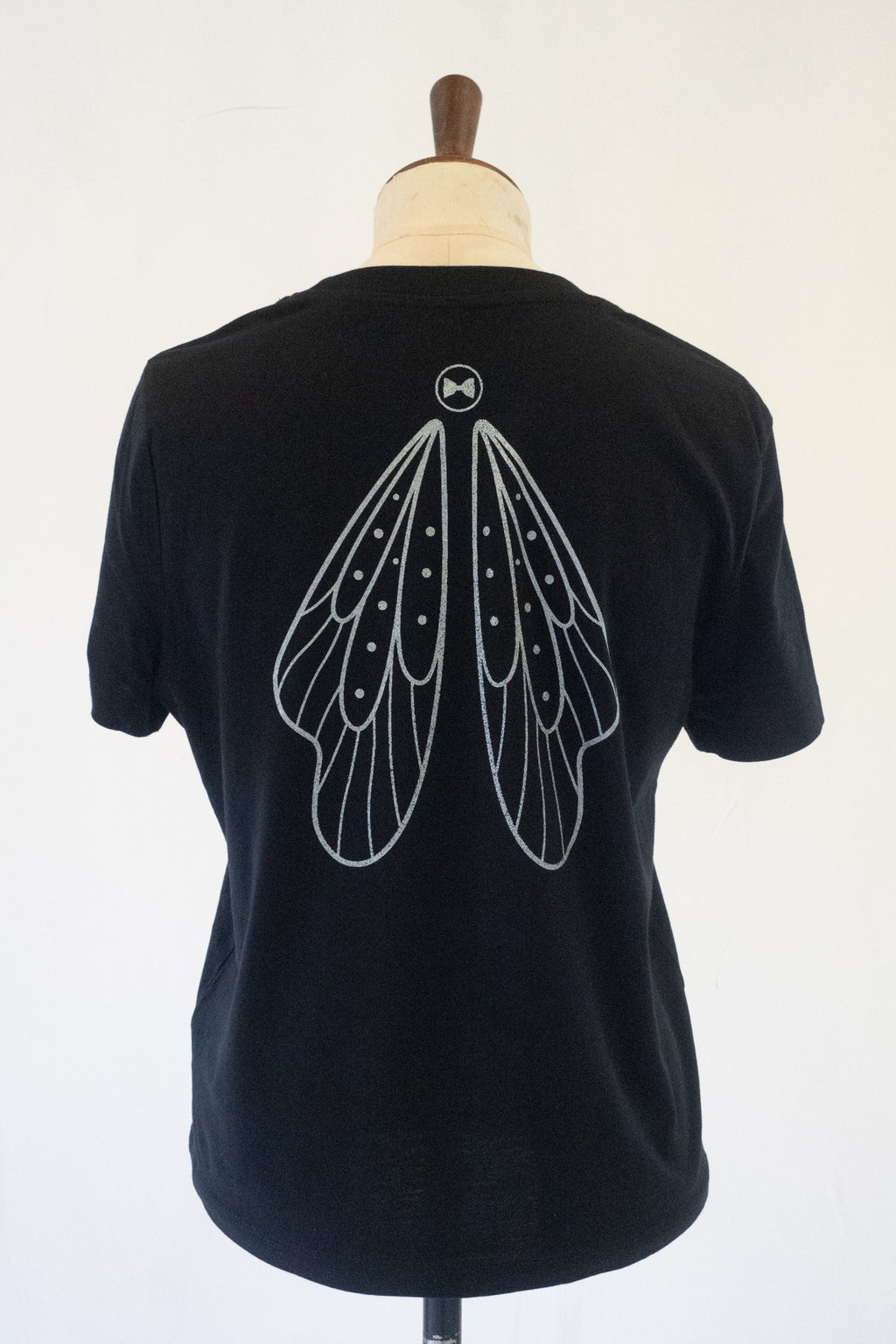 black t-shirt with silver fairy wing screen printed back design