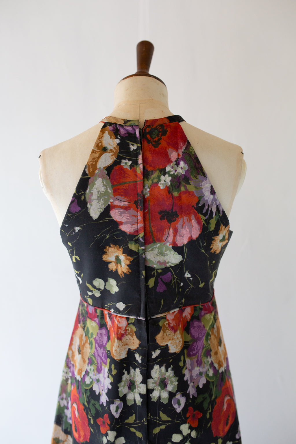 Vintage 1970s Black Rose Floral Chiffon Maxi Dress