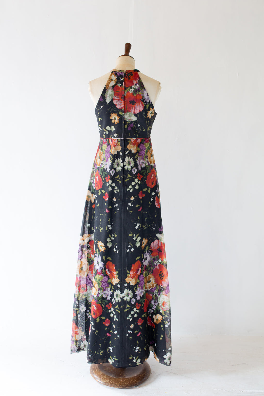Vintage 1970s Black Rose Floral Chiffon Maxi Dress