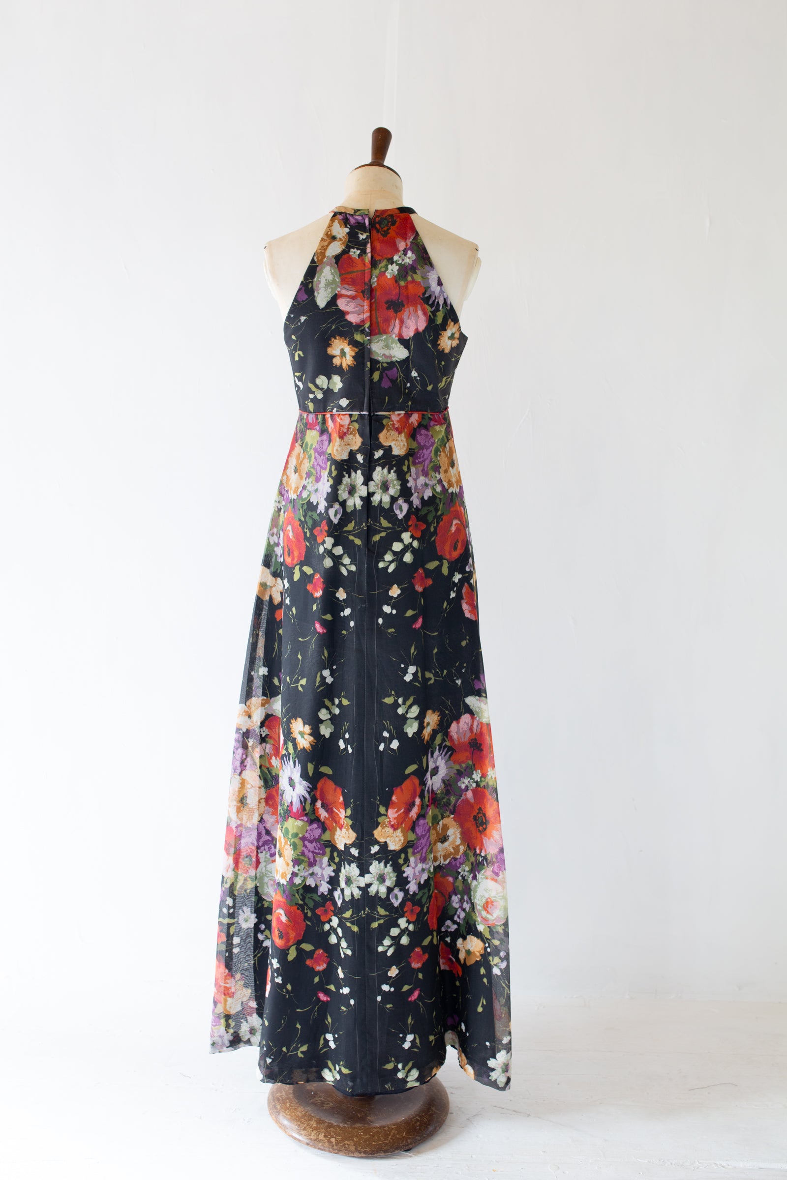 Vintage 1970s Black Rose Floral Chiffon Maxi Dress