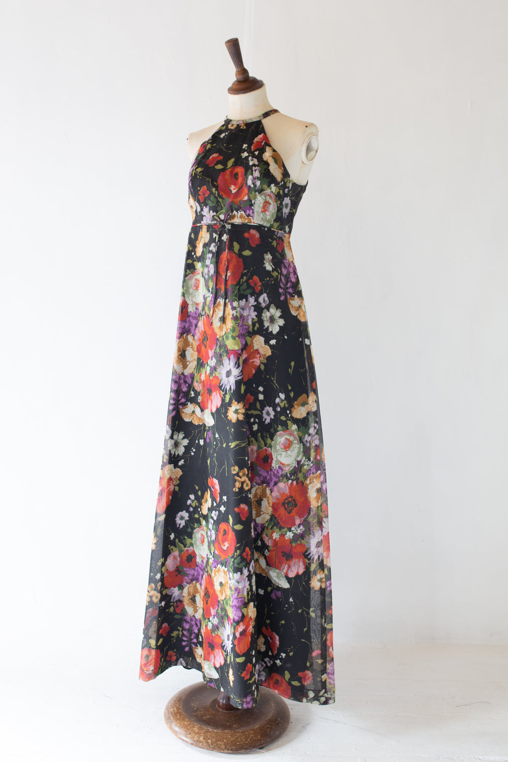 Vintage 1970s Black Rose Floral Chiffon Maxi Dress